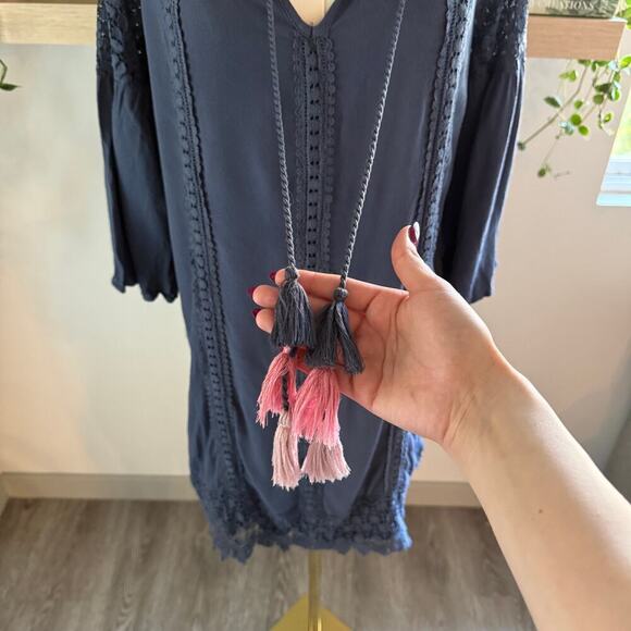 Knox Rose Navy Blue Boho Crochet Lace Tassel Tunic Peasant Dress Medium Festival - Picture 4 of 12